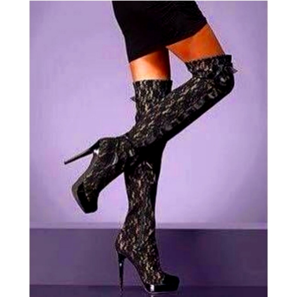 Sexy Stiletto Thigh High Stripper Vegas New Year NYE Party Heels Boots Lace